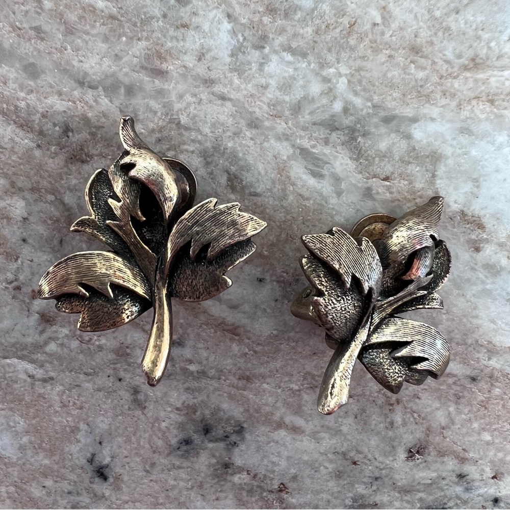 Vintage Clip on Leaf Earrings, Antique Brass Toned